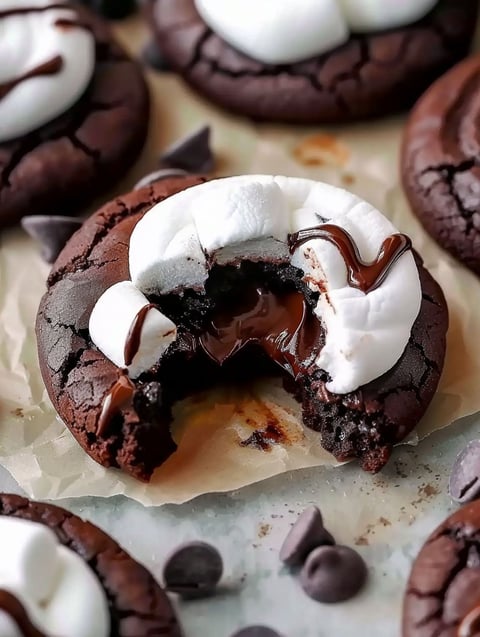 A half eaten chocolate marshmallow cookie.
