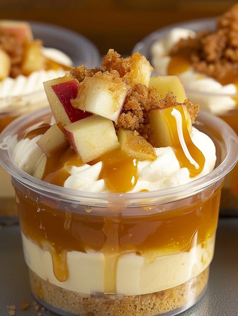 A dessert in a cup with caramel and apples.