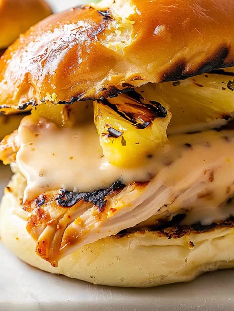 A grilled Hawaiian chicken sandwich with pineapple.
