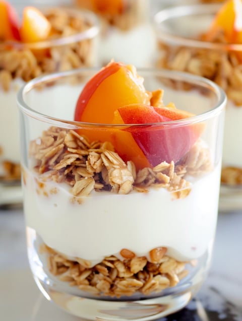 A glass of granola and yogurt parfait with a peach on top.
