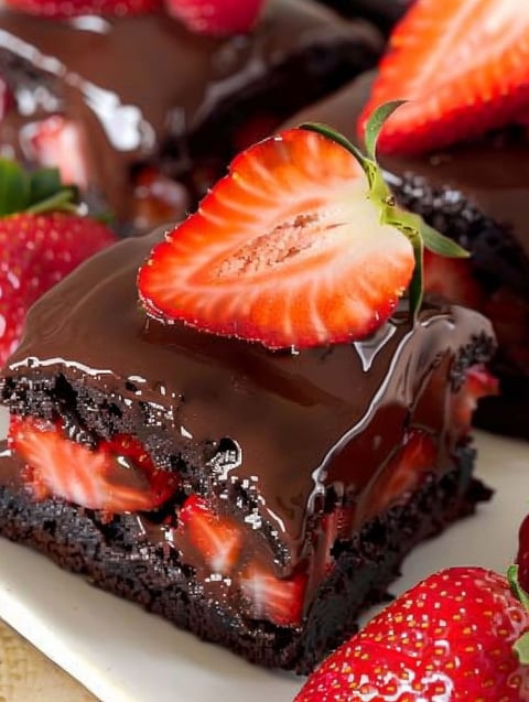 A close up of a chocolate covered strawberry brownie.