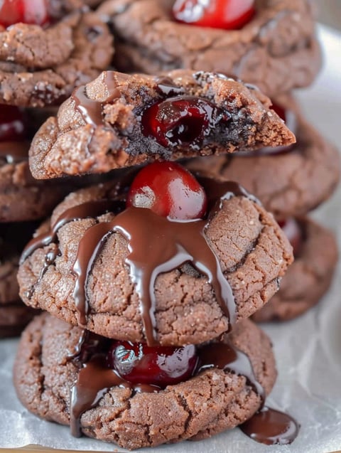 A close up of a chocolate cookie with a cherry on top.