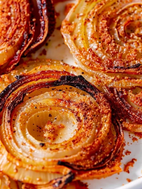 A close up of a fried onion ring.