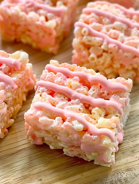 A close up of a pink and white rice krispy treat.