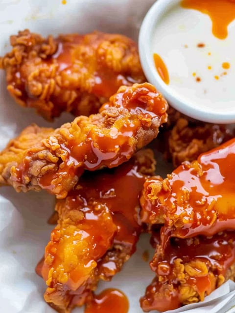 Buffalo chicken tenders with sauce.