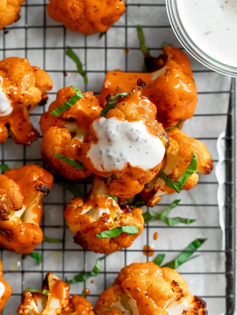 Buffalo cauliflower wings on a tray.