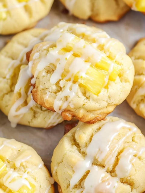 A close up of a pineapple cookie with white icing.