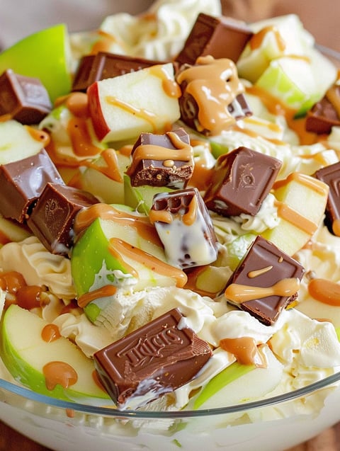 A bowl of Snickers salad with chocolate and caramel sauce.