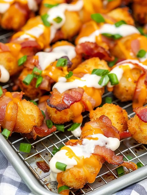 Bacon wrapped tater tots with cheese and ranch dressing.