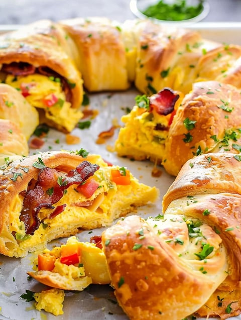 A crescent bacon breakfast ring with eggs and cheese.