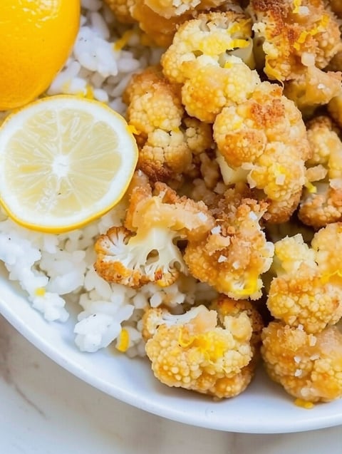 A bowl of rice and cauliflower with a lemon wedge on top.