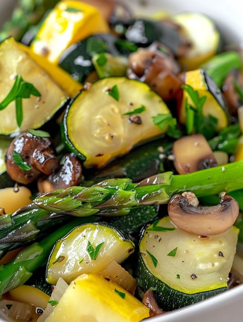 A dish of vegetables including zucchini, squash, and asparagus.