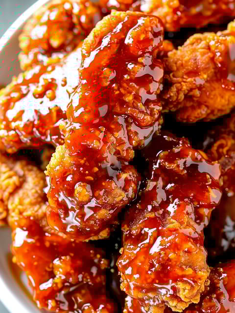 A bowl of chicken tenders with a sweet and spicy sauce.