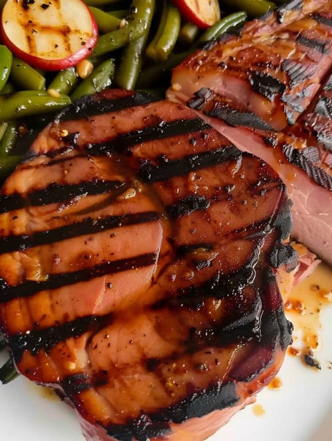 A ham steak is being cooked on a grill.
