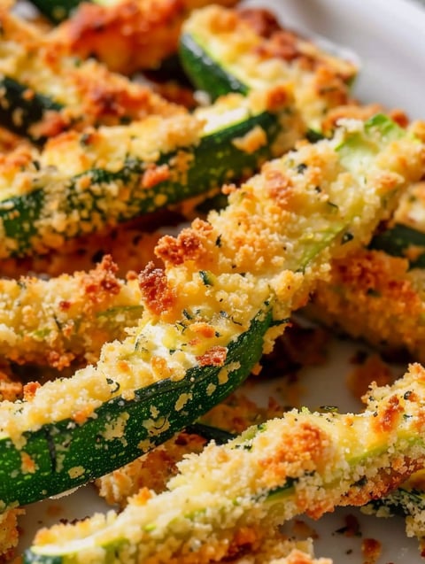 A plate of fried zucchini with cheese and breadcrumbs.