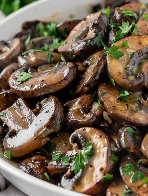 A dish of sauteed mushrooms with herbs and spices.