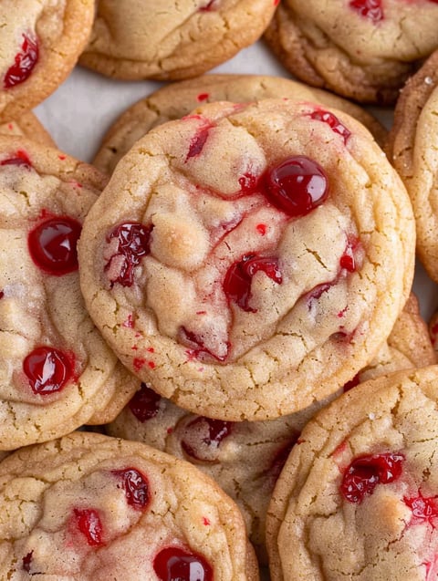 A close up of a cookie with cherries on top.