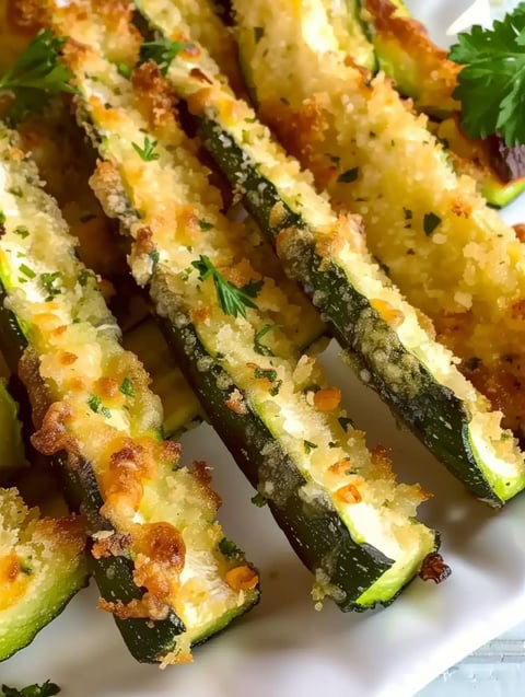A plate of zucchini fries with cheese and seasoning.