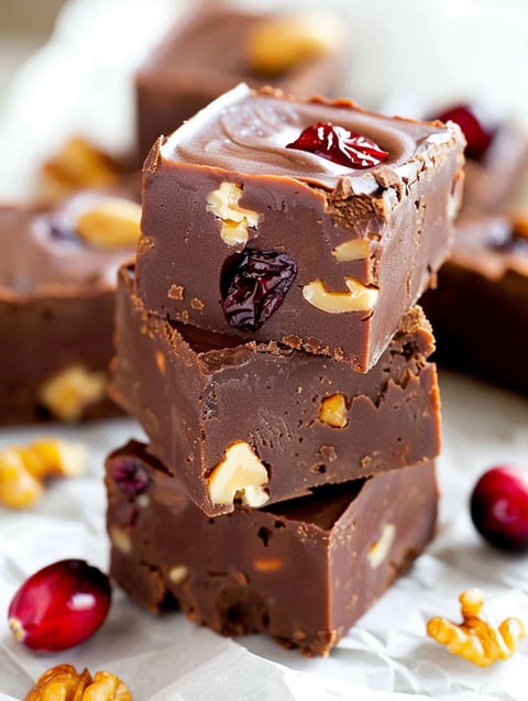 A close up of a chocolate dessert with nuts and fruit.