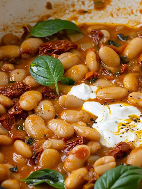 A close up of a dish with beans and a dollop of butter.