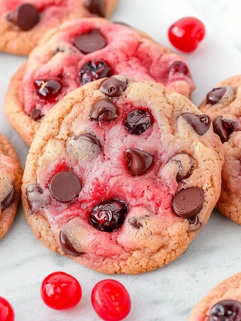 A close up of a cherry chocolate chip cookie.