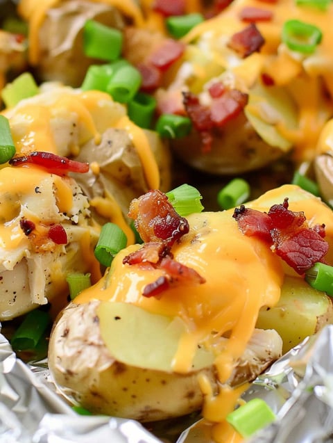 Chicken and potato foil packs with cheese and bacon.