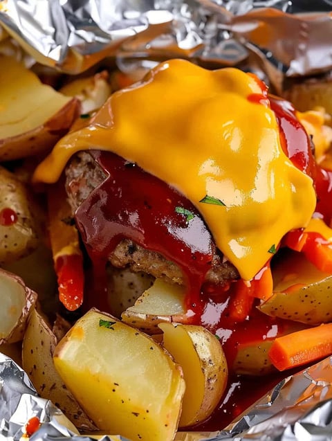 A cheeseburger with ketchup and potatoes.