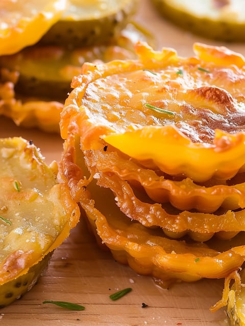 A stack of air fryer cheddar ranch pickle chips.