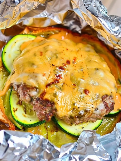 A cheeseburger with zucchini and cheese.
