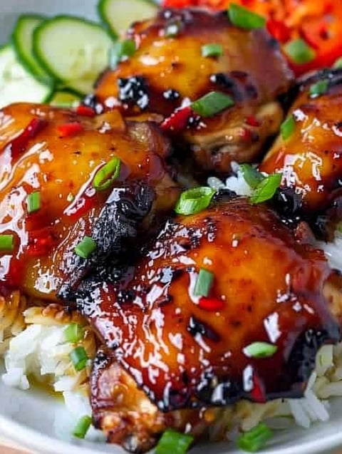 Chicken thighs with a sweet and sticky sauce.