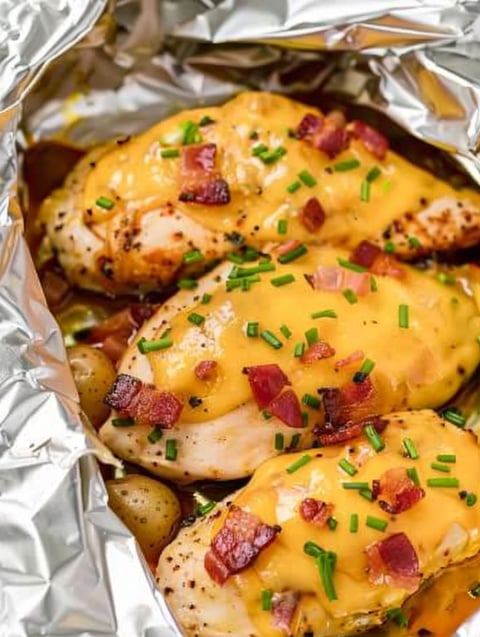 Chicken foil packets with cheese and bacon.