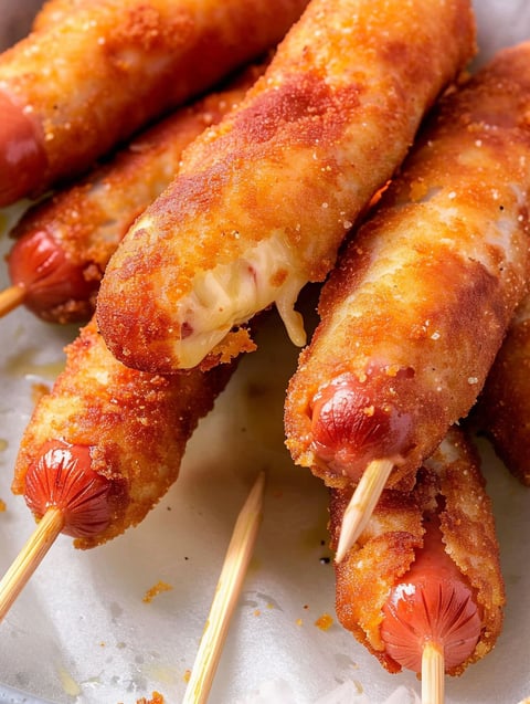 A plate of corn dogs with cheese.