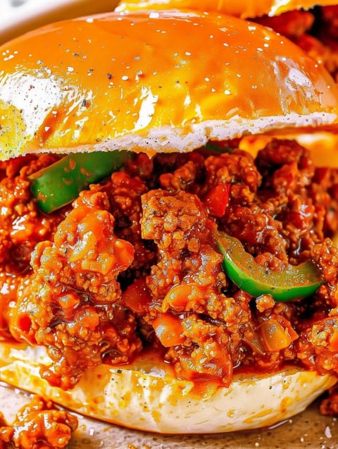 A sloppy joe sandwich with a green pepper on top.