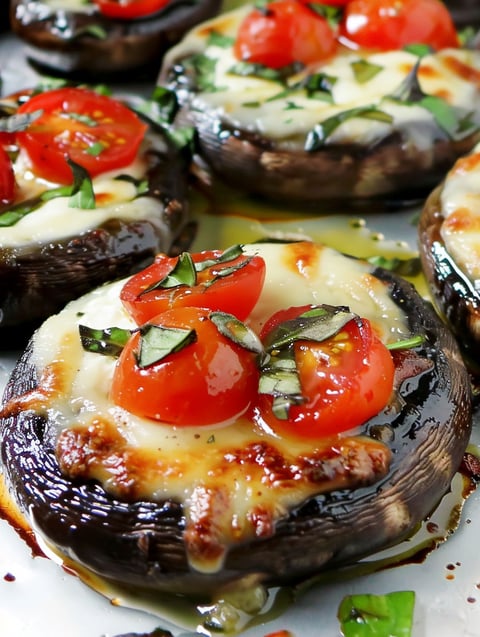 Caprese style portobellos with tomatoes and basil.