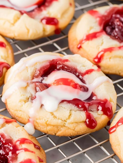 A tray of cookies with white frosting and red cherries.