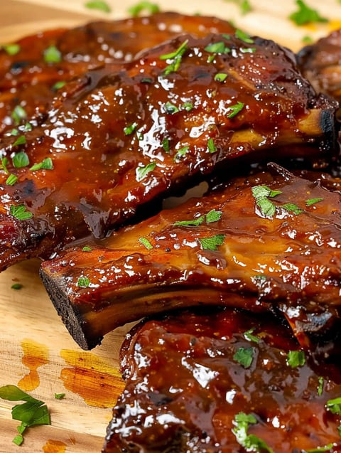 A close up of ribs on a wooden cutting board.