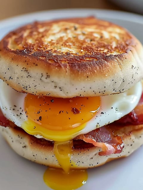 A breakfast sandwich with bacon and egg.