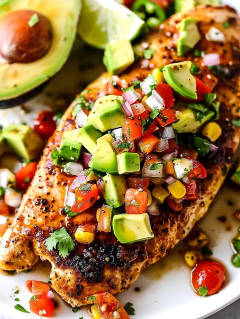 A plate of chicken with avocado and tomato toppings.