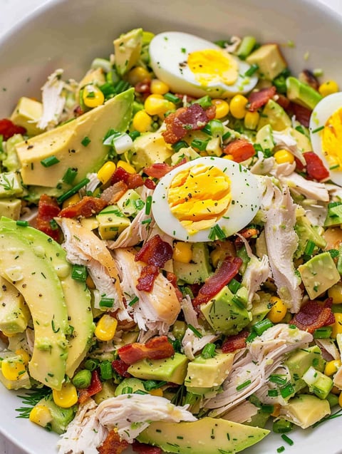 A bowl of chicken salad with avocado and eggs.
