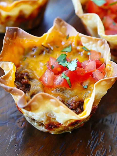 A crunchy taco cup filled with meat and tomatoes.