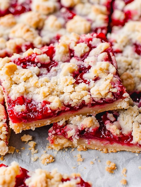 A close up of a cherry crumble bar.