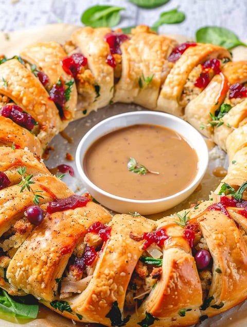 A plate of food with a crescent ring of turkey and stuffing.