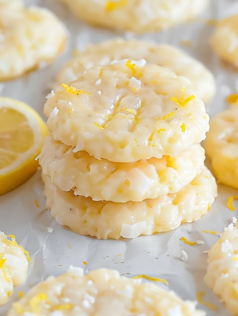 Three stacks of lemon cookies on a white surface.