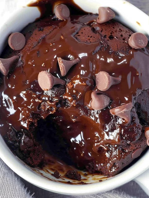 A bowl of chocolate fudge cake with chocolate chips on top.