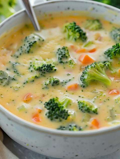 A bowl of soup with broccoli and carrots.