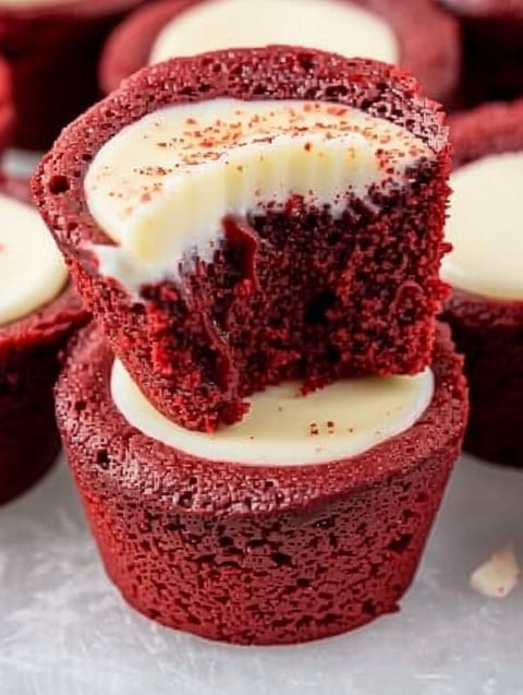 Red velvet cheesecake bites with white icing.