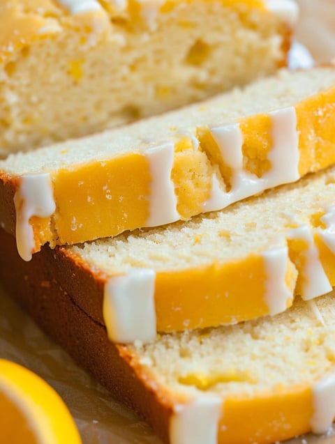A slice of lemon bread with white icing.