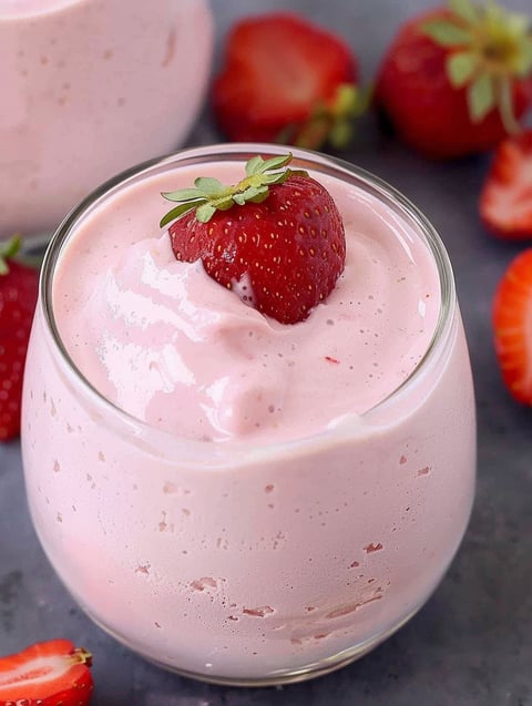 A glass of strawberry mousse with a strawberry on top.