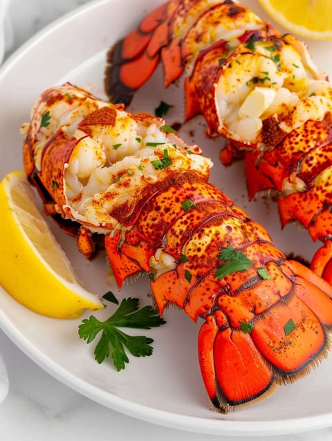 Two air fried lobster tails on a plate.
