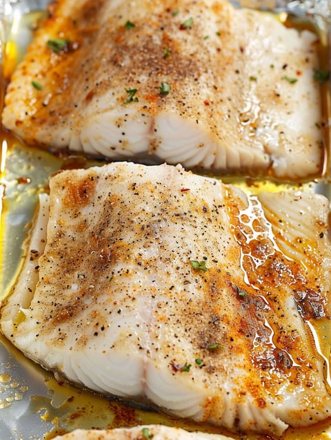 Two pieces of fish on a baking sheet.
